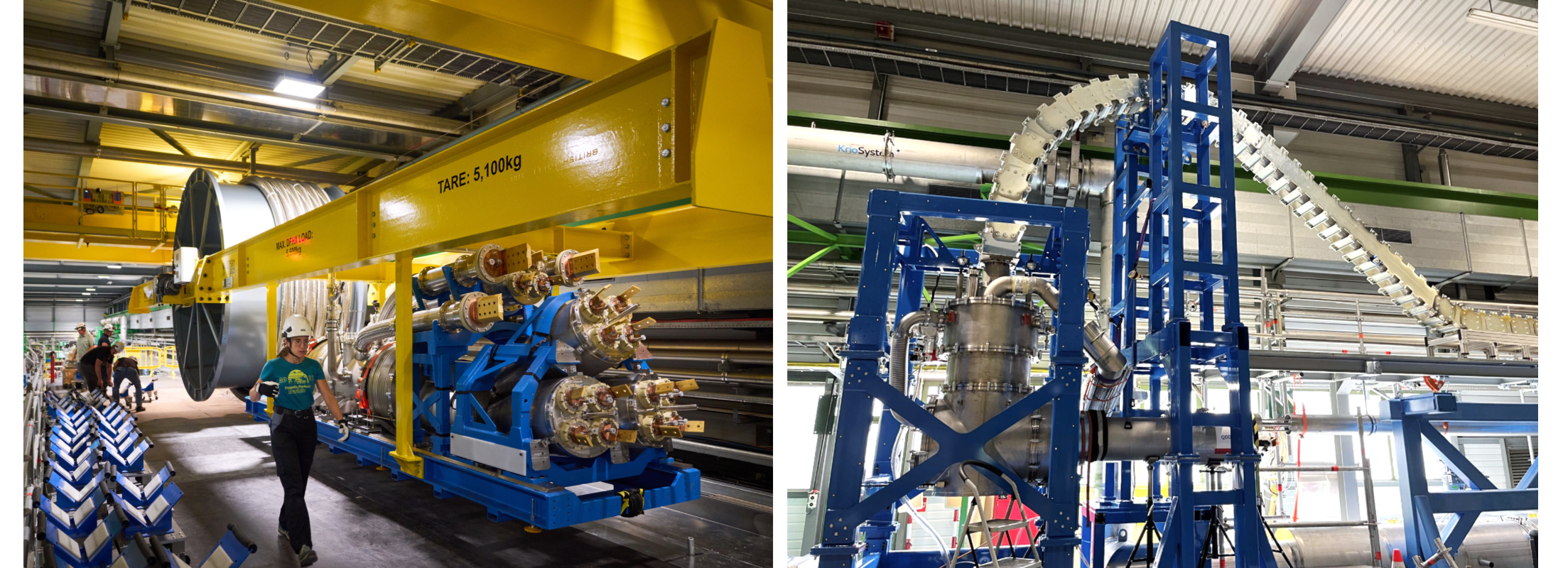 blue and silver equipment that looks like a big plug, and a train-track like equipment with blue base