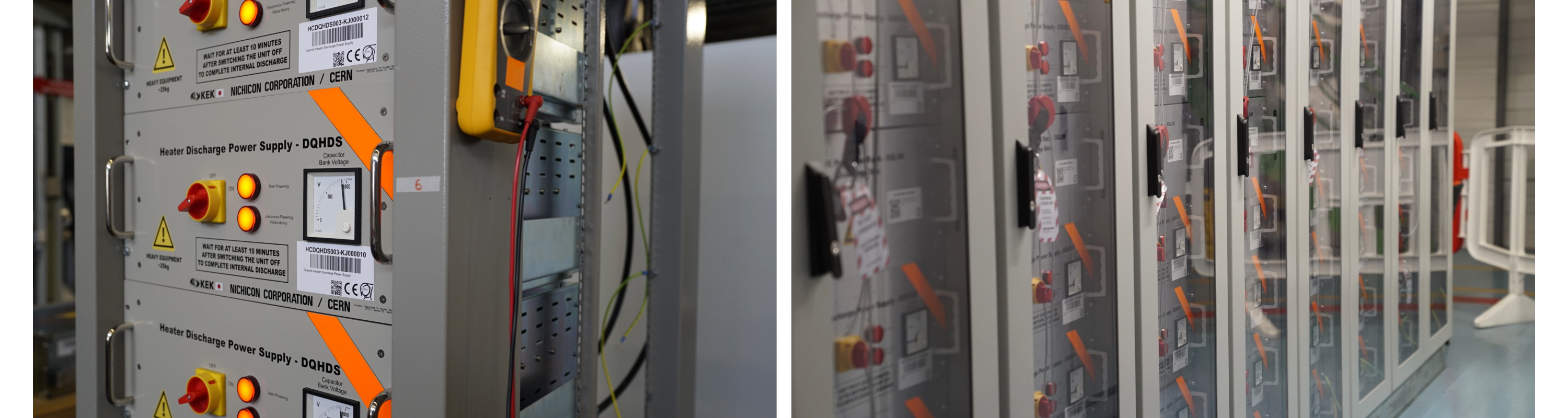 close-ups of box like equipment with lights and orange stripe