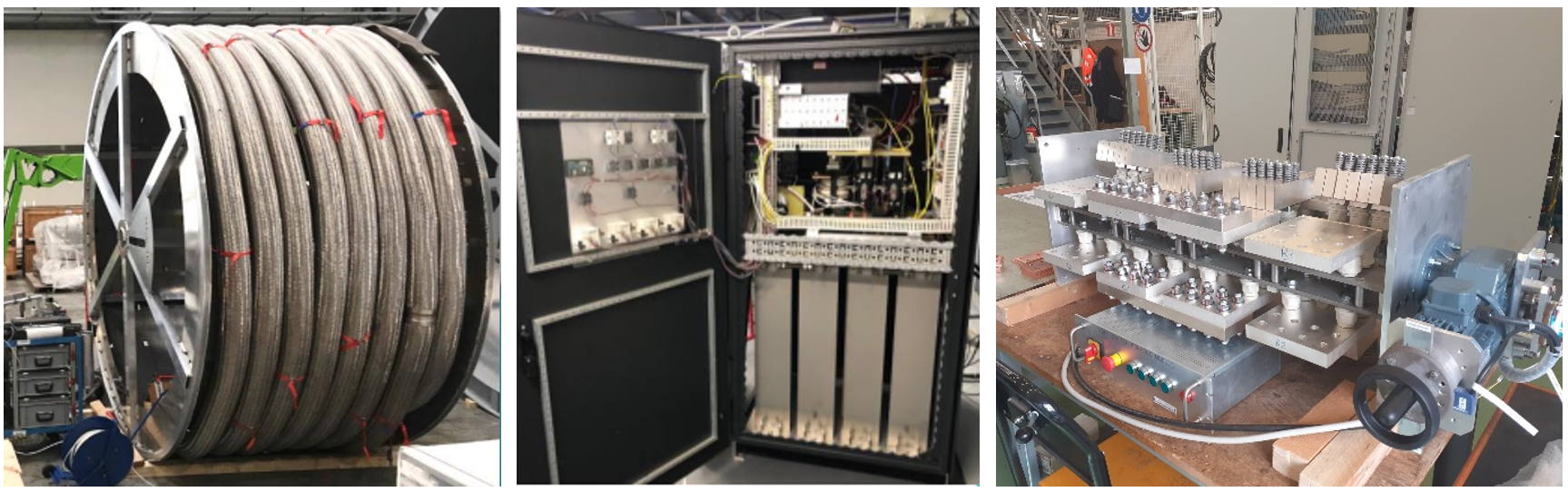 Fig. 2: SC Link Flexible cryostat (left), CLIQ Pre-Series unit (center) and 18 kA Circuit Disconnector Switch prototype (right)