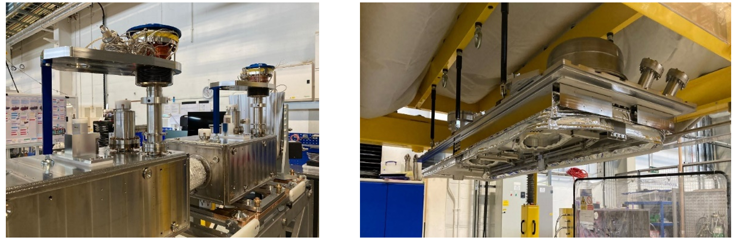Figure 1. The RF dipole cavity string assembly completed (left) and the cryostat top plate assembly in progress (right).