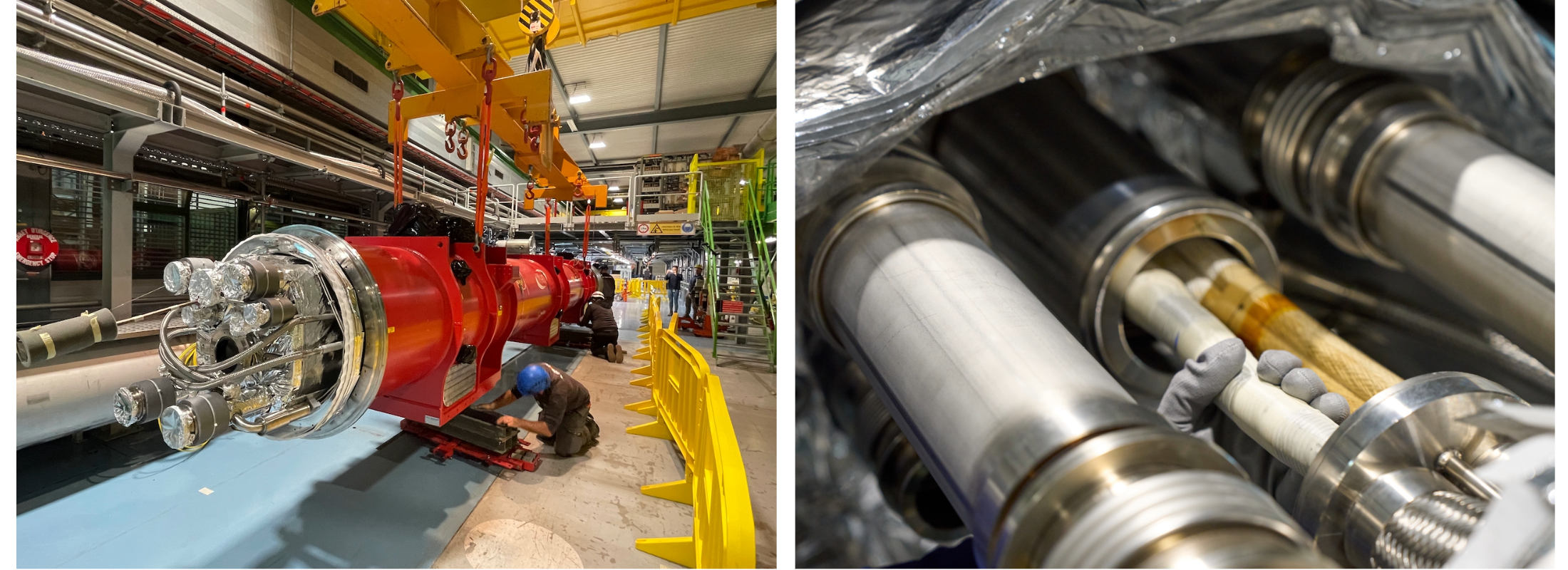 red cylinder equipment carried by crane, and close up of silver cylinders with hand