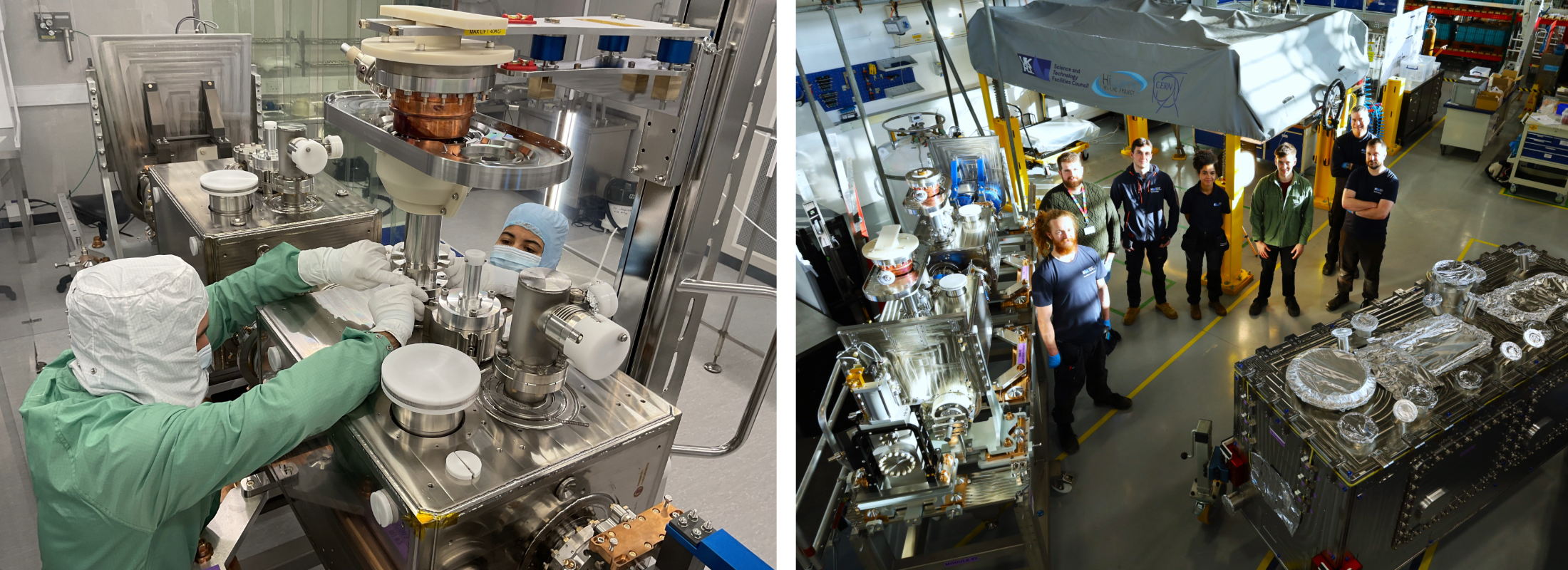 people holding equipment in protective suits, and people smiling up at camera in lab
