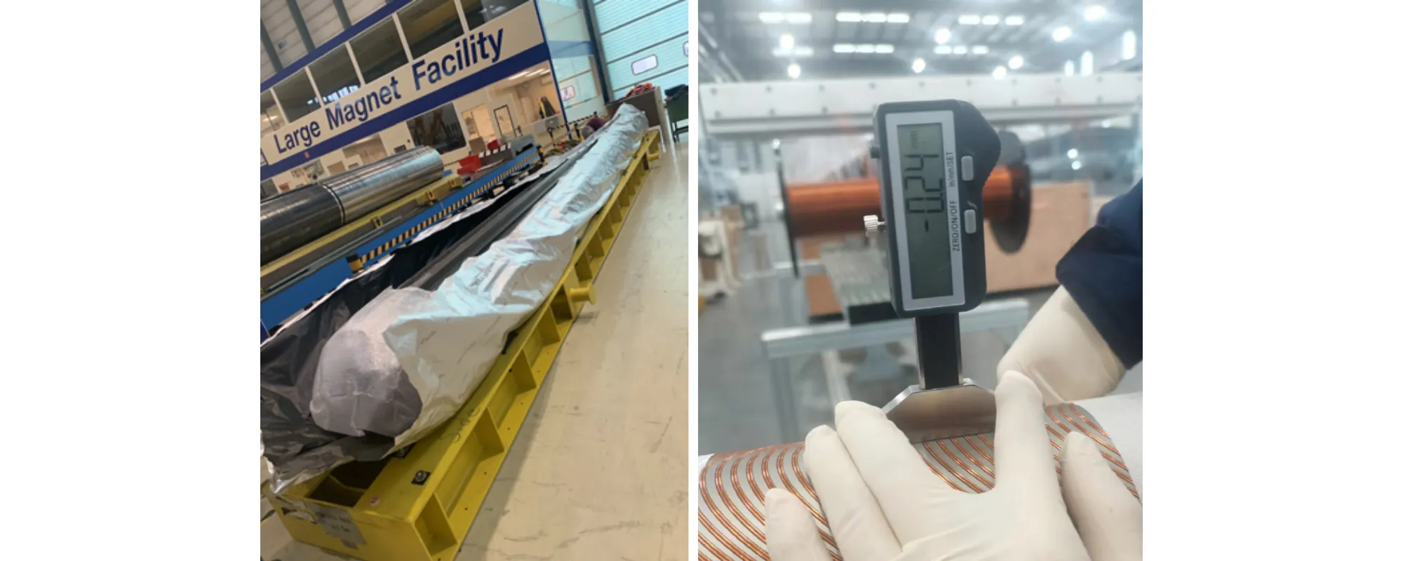 covered magnet in front of sign for 'large magnet facility' and coil winding close up