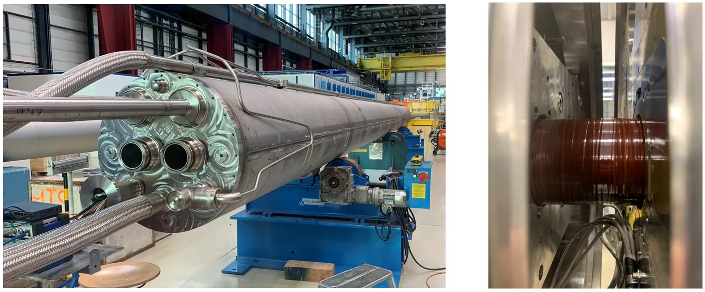Fig. 2: Left: the D2 cold mass, including the D2 prototype dipole (in the forefront) and the D2 correctors from China and from CERN (in the background). Right: the D2 magnets and the D2 correctors before the orbital welding